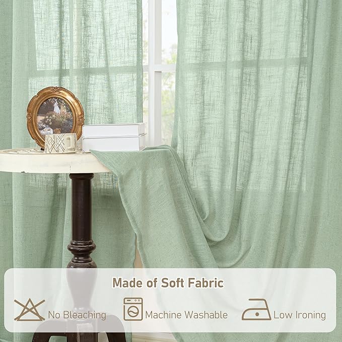 LAMIT Fresh Green Linen Sheer Curtains 45 inch for Kitchen, Soft Thick Light Filtering Boho Decor Neutral Drapes with Bronze Grommet for Basement/Window, 2 Panels, 34 x 45 Inch
