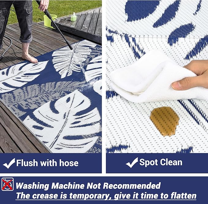 GAOMON Large Outdoor Plastic Rug 10x14 Waterproof Straw Rug Reversible Foldable Camping Mat with Stakes & Bag, Modern Tropical Leaf Farmhouse Outside Carpet for Patio RV Garden Deck, Blue
