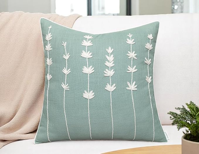 VAGMINE Hand Embroidered Daisy Accent Throw Pillow Cover - 18x18 Inches Square - 100% Cotton Light Teal Decorative Cushion Cover for Couch, Sofa, Bed - Textured Embroidery - Elegant Floral Home Décor