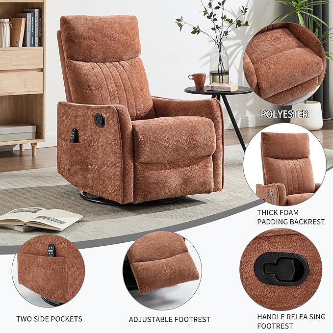 Manual Swivel Rocker Recliner Chair for Adults, Overstuffed Reclining Glider Chair for Nursing with Vibration Massage & Heat, Living Room Rocking Recliner 2-Stage backrest, Chenille Fabric Orange