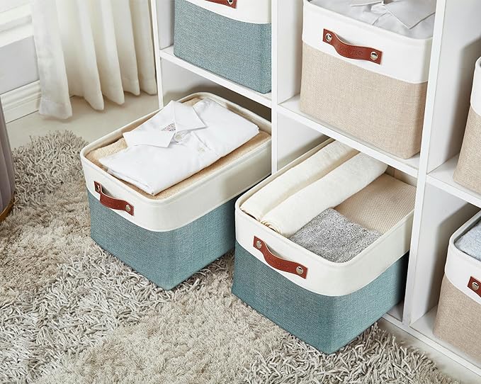 DECOMOMO Storage Baskets for Shelves - Fabric Closet Organizers and Storage Bins, Perfect Baskets for Organizing Closet Toys Nursery (Green and White, XL - 3 Pack)