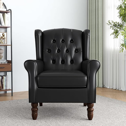 High Back Accent Chair,Upholstered Faux Leather Wingback Armchair with Solid Wood Legs for Small Spaces,Comfy Single Sofa Chair for Living Room,Bedroom,Office-Black