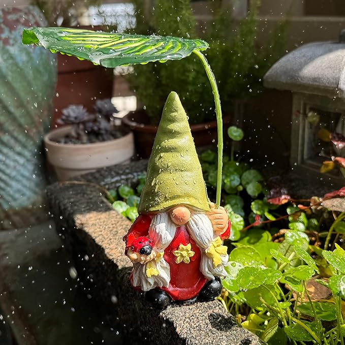 Garden Female Gnome Statue Decoration with Leaf Umbrella, 6.5” Figurine Ornament for Indoor Outdoor Home Patio Yard Lawn, for Gnome Lovers & Garden Enthusiasts,Mom,Women