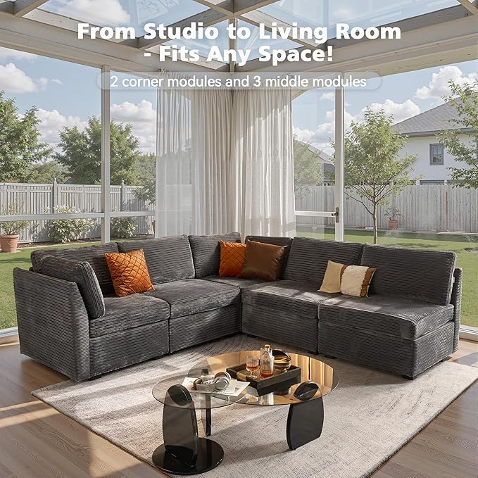 Modular Sectional Sofa with Chaise U Shaped Sectional Couch for Living Room, 5-Seater Comfy Cloud Couches, Plush Corduroy, Gray