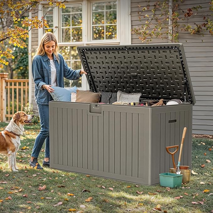 YITAHOME 200 Gallon Extra Large Deck Box, Double-Wall Resin Outdoor Storage Box with Flexible Divider for Patio Cushions Pool Supplies Garden Tools, 990 lbs Load Capacity, Lockable (Light Brown)