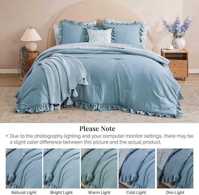 King Comforter Set - 7 Pieces Ruffle Blue Bedding Sets, Shabby Chic Farmhouse Bed in a Bag King with Ruffle Comforter, Floral Sheets, Pillowcases & Shams