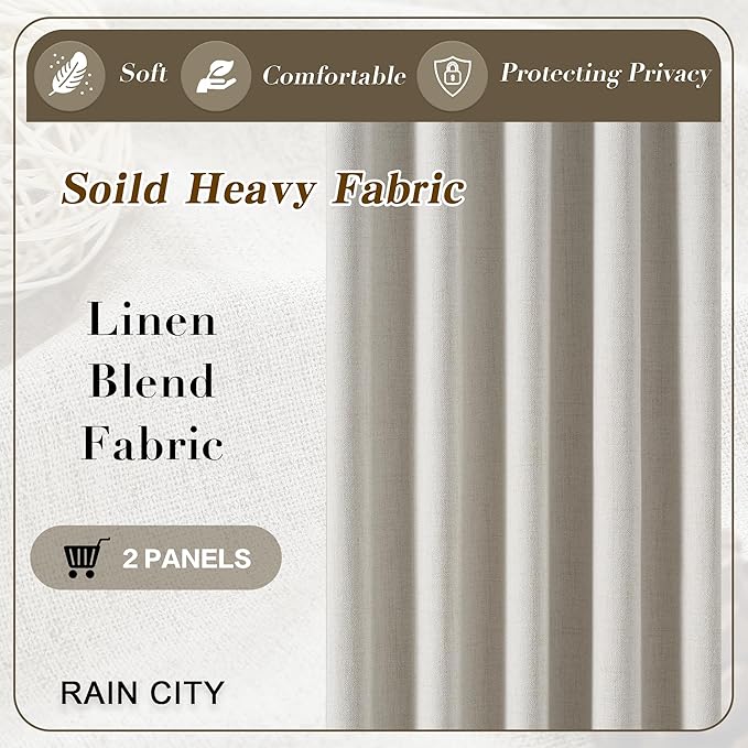 RAIN CITY 104 Inch Long Black Out Curtains 2 Panels Custom Drapery Neutral Blackout Pleated Ceiling Track Curtain for Dining Room Linen Textured Back Tab with Hooks 50"x104"