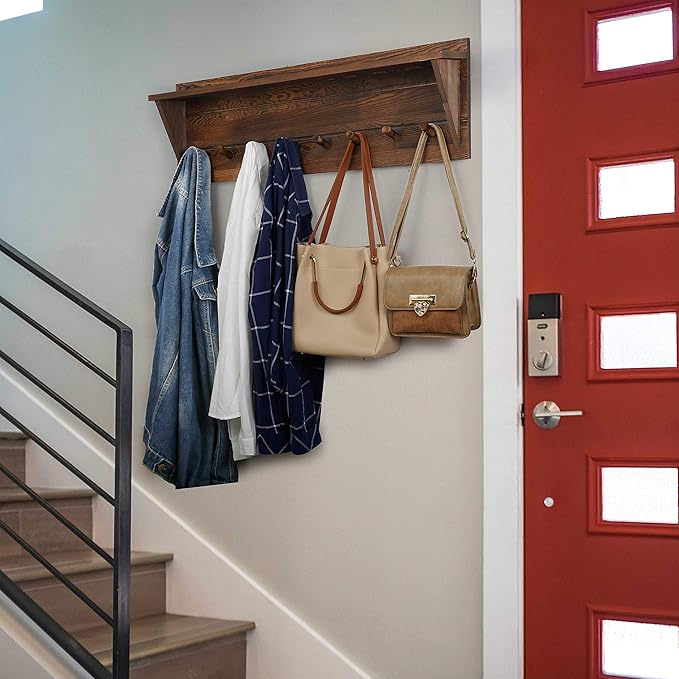 WEBI Coat Rack Wall Mount with Shelf,8 Peg Hooks,34" Long Rustic Entryway Wall Shelf with Hooks Underneath for Hanging Coats,Clothes,Bathroom,Rustic Brown