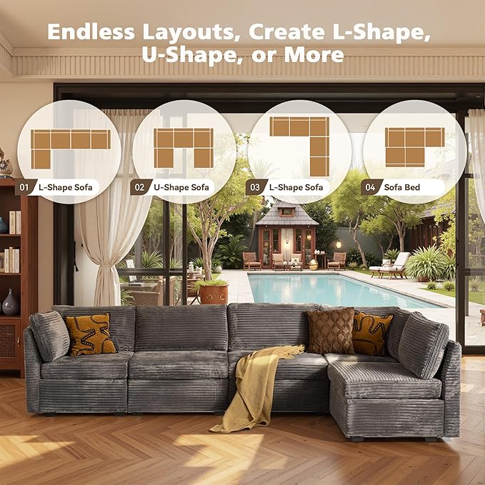 Modular Sectional Sofa with Chaise U Shaped Sectional Couch for Living Room, 5-Seater Comfy Cloud Couches, Plush Corduroy, Gray