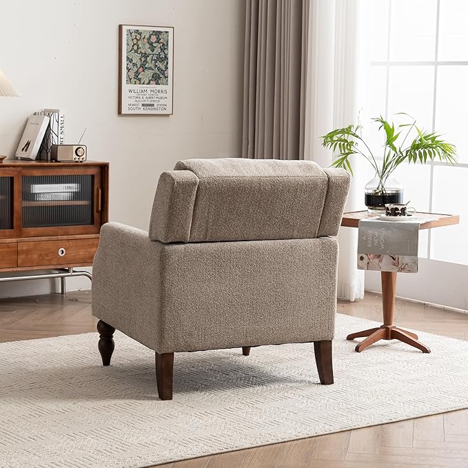 Kidol & Shellder Light Brown Oversized Accent Chair for Living Room Mid Century Modern Reading Chair with Back Upholstered Comfy Single Sofa Chair for Bedroom Lounge Side Corner Boucle Fabric Armchair