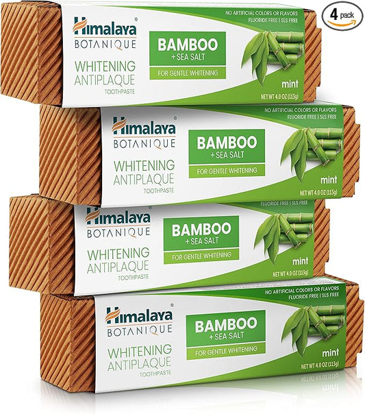 Himalaya Botanique Whitening Antiplaque Toothpaste with Bamboo + Sea Salt, Fluoride Free, for Gentle Whitening, 4 oz, 4 Pack