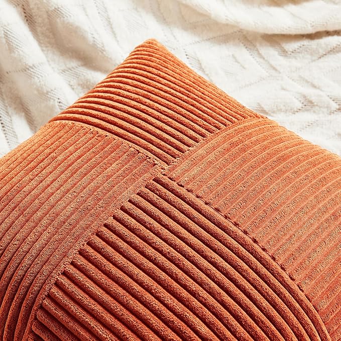 Fancy Homi Set of 2 Burnt Orange Decorative Throw Pillow Covers 24x24 Inch for Living Room Couch Bed, Boho Farmhouse Fall Home Decor, Soft Corss Corduroy Patchwork Textured Cushion Case 60x60 cm