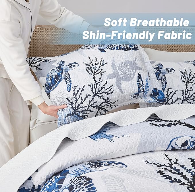 Coastal Bedding California King Size Coastal Quilt with 2 Shams, Nautical Beach Comforter Sets Ocean Bedspreads Blue Seaturtle Coverlet Summer Bedding, 106''x118''