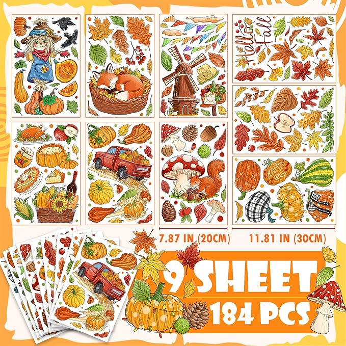 Fall Window Clings Decorations - Leaves Pumpkin Scarecrow Autumn Clings for Glass Windows, Double Sided Reusable Window Stickers, Cute Large Thanksgiving Harvest Window Decals-184 PCS/9 Sheet