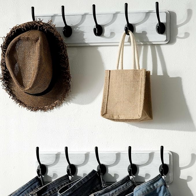 SKOLOO Rustic Wall Mounted Coat Rack, 16 inches Hole to Hole, Case of 2, Pine Solid Wood Coat Hook Hanger - 5 Hooks for Hanging Clothes Robes Towels Coats