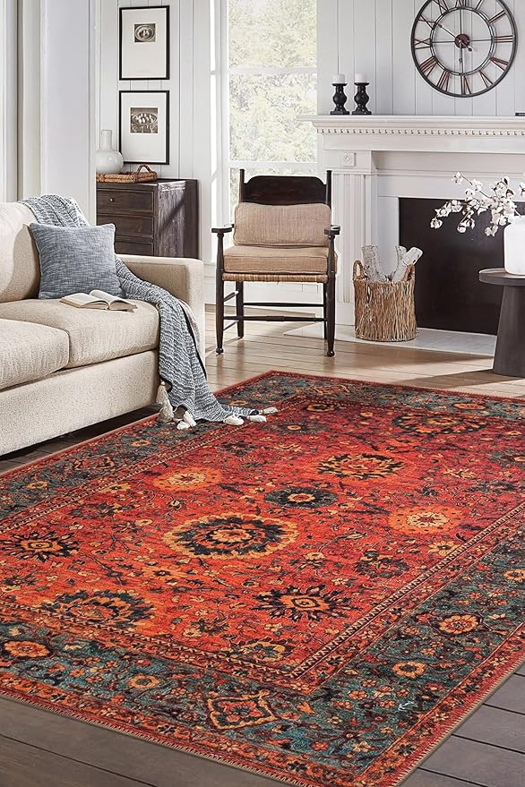 Keen Home Design 6x9 Rug - Machine Washable Area Rug with Non-Slip Backing, Ideal for Living Room, Dining Room, Bedroom - Vintage, Easy Clean, Durable, Low Pile Rug - (6' x 9')