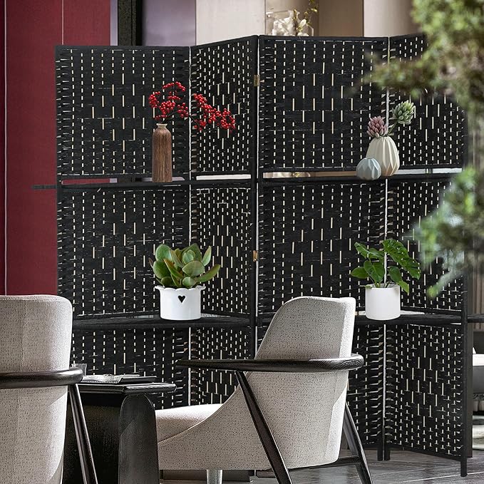 Room divider 4 panel Room Screen Divider Wooden Screen Folding Portable Partition Screen Wood with Removable Storage Shelves Color,Black