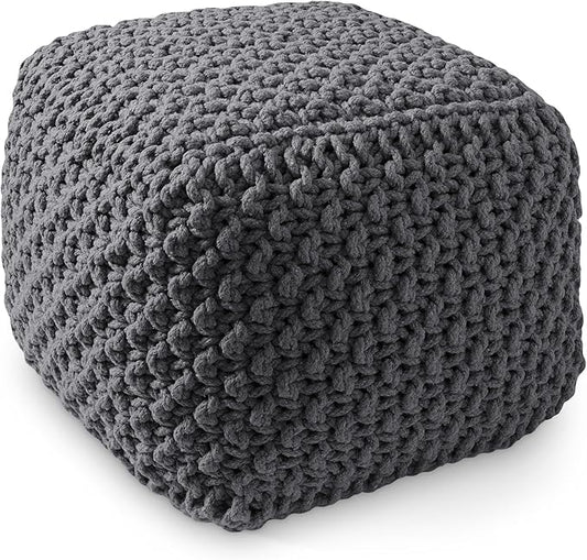 Casafield Square Pouf Ottoman, Dark Gray 18.5" W x 18.5" D x 14.5" H Cotton Knit Foot Stool - Boho Floor Pouffe for Living Room, Bedroom, Home Office