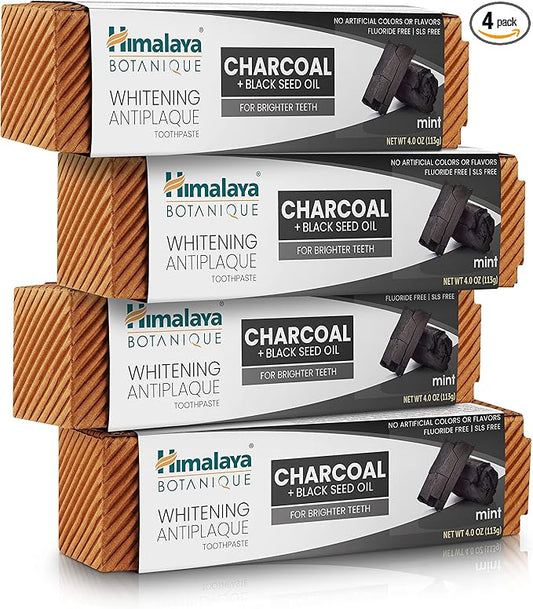 Himalaya Botanique Whitening Antiplaque Toothpaste with Charcoal + Black Seed Oil, Fluoride Free, for Whiter Teeth, 4 oz, 4 Pack
