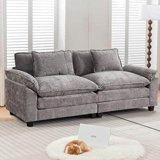 URRED Modular Sectional Sofa Comfy Cloud Couch, Modern Chenille Sofa Sleeper Deep Seat Couches with Ottoman/Pillows for Living Room (Gray, 82.6'')