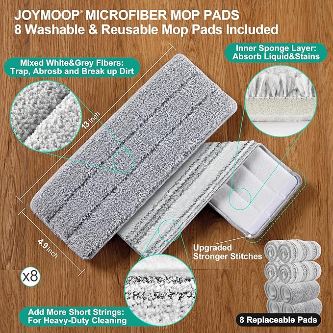 JOYMOOP Mop and Bucket with Wringer Set for Floor Cleaning and Wall Cleaner, Flat Mop and Bucket System Set with 2 Mops and 8 Large Microfiber Pads - Green