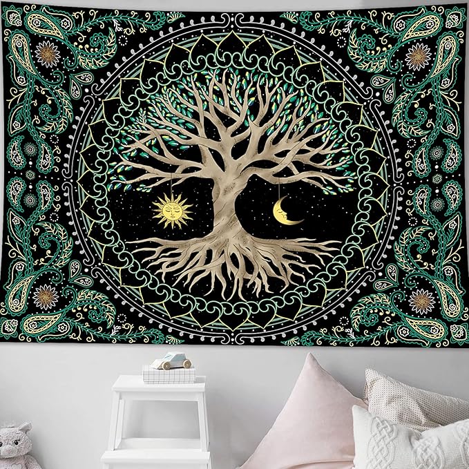 FORATER Tree of Life Tapestry Wall Hanging Aesthetic Sun and Moon Tapestry with Vintage Paisley Flowers Colorful Tree Wall Tapestries for Bedroom, Living Room, Dorm(61 x 82 inches, Multicolor)