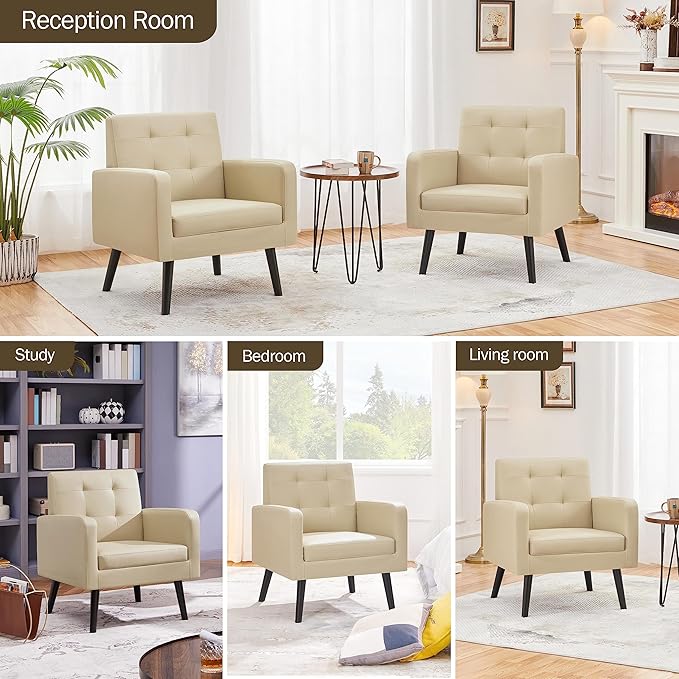 Yaheetech Mid-Century Accent Chairs, PU Leather Modern Upholstered Living Room Chair, Cozy Armchair Button Tufted Back and Wood Legs for Bedroom/Office/Cafe Beige