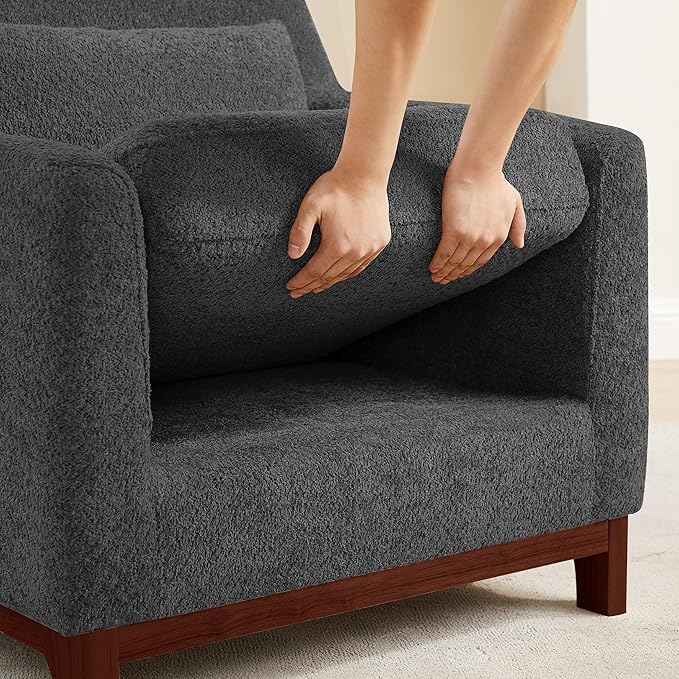 Extra Deep Accent Chair, Comfy Fabric Armchair with Wood Base, Upholstered Single Sofa Chair for Living Room & Bedroom, Boucle Dark Gray