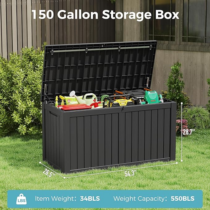 KAMABOKO Outdoor Storage Box, 150 Gallon Large Outdoor Resin Deck Box, Storage Waterproof Boxes Lockable Lid for Garden Tools, Pool Supplies, Patio Furniture and Cushions, Black