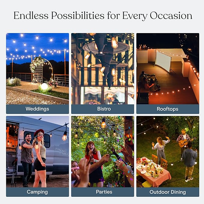 Brightech Ambience Pro Incandescent Outdoor String Lights - Commercial Grade Waterproof Patio Lights with 48 Ft Dimmable Edison Bulbs, Porch String Lights for Patio, Backyard - 15 Bulbs 11W