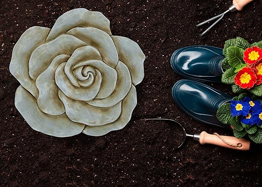 NAT & Jules Rose Flower Shaped Dimensional Indoor Outdoor 12 inch Cast Resin Decorative Garden Stepping Stone, Patio, Walkway Sculpture Yard Art, Stone Grey