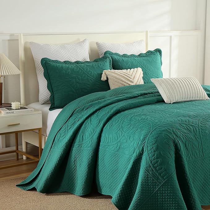 MarCielo 3-Piece 100% Cotton Oversized Bedspread Lightweight Quilt Coverlet Embroidery Farmhouse Bedding Set T0 (Emerald, Oversized Queen (100"x106"))