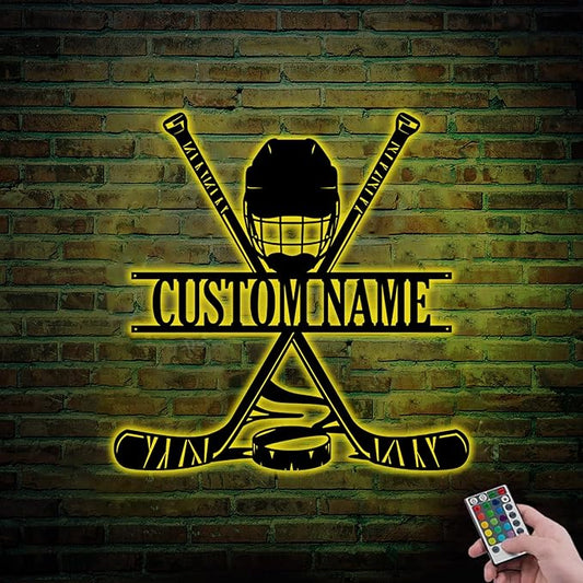 Hockey Metal Wall Art LED Sign – Custom Light Up Name Sign with Helmet & Sticks, 16-Color LED with Remote Control, Hockey Decor for Boys Room, Sports Fans