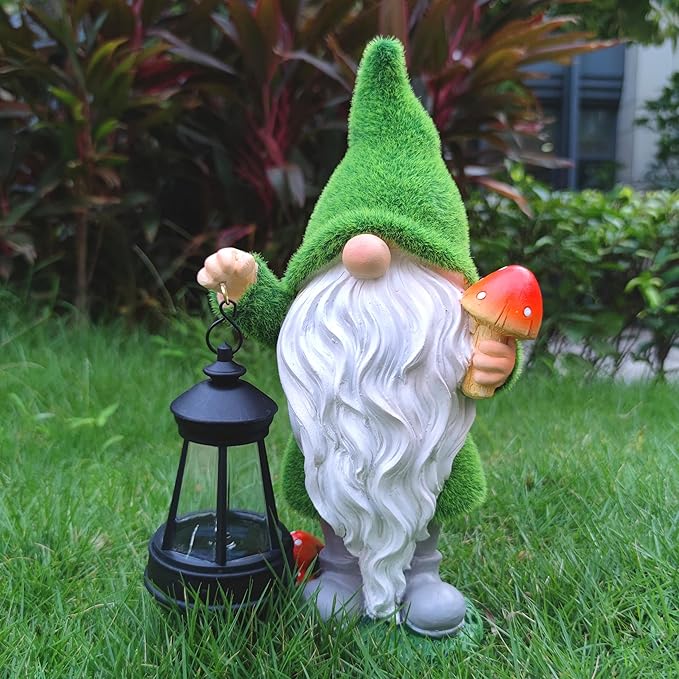 Solar Gnomes Garden Statues,Resin Gnome Figurine Holding Mushroom and Solar Lights Lantern,Outdoor Yard Art Decorations for Garden Patio Lawn