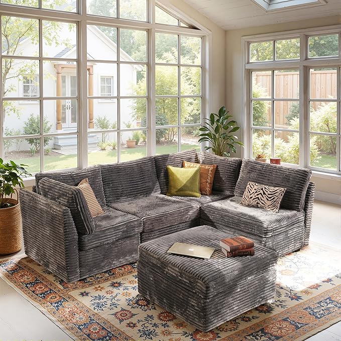 Modular Sectional Sofa, 130.7" L Shaped Couch Set for Living Room, 4-Seater Comfy Cloud Couches with Movable Ottoman, DIY Combination, Plush Corduroy, Gray