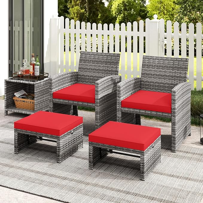 Tangkula 2 Pieces Patio PE Rattan Ottomans, Multipurpose Outdoor Footstool Footrest Additional Seating Side Table with Soft Zippered Cushions for Deck, Garden, and Yard (Red)