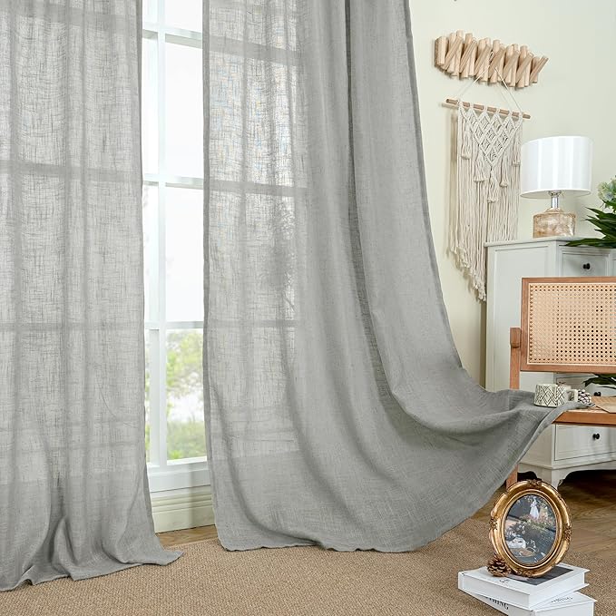 LAMIT Grey Linen Curtains 95 inch for Living Room, Semi Sheer Light Filtering Boho Window Textured Burlap Drapes with Bronze Grommet for Bedroom Farmhouse, 2 Panels Set, 52 x 95 Inch