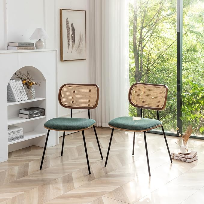 Rattan Dining Chairs Set of 4, Mid Century Modern Dining Chairs with Cane Back for Kitchen Dining Room, 19 Inch Fabric Green