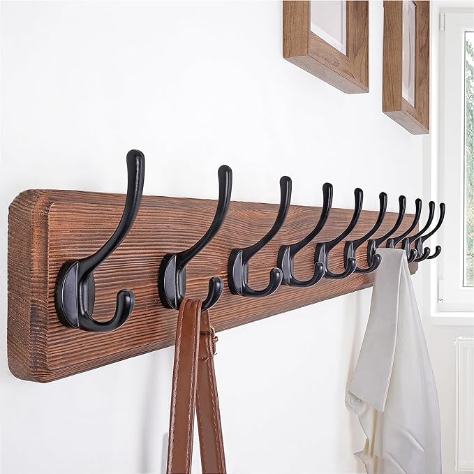 SKOLOO Farmhouse Style Wall Mounted Coat Rack, 38.6'' Pine Solid Wood Coat Hook Hanger - 10 Hooks for Hanging Clothes Robes Towels Coats