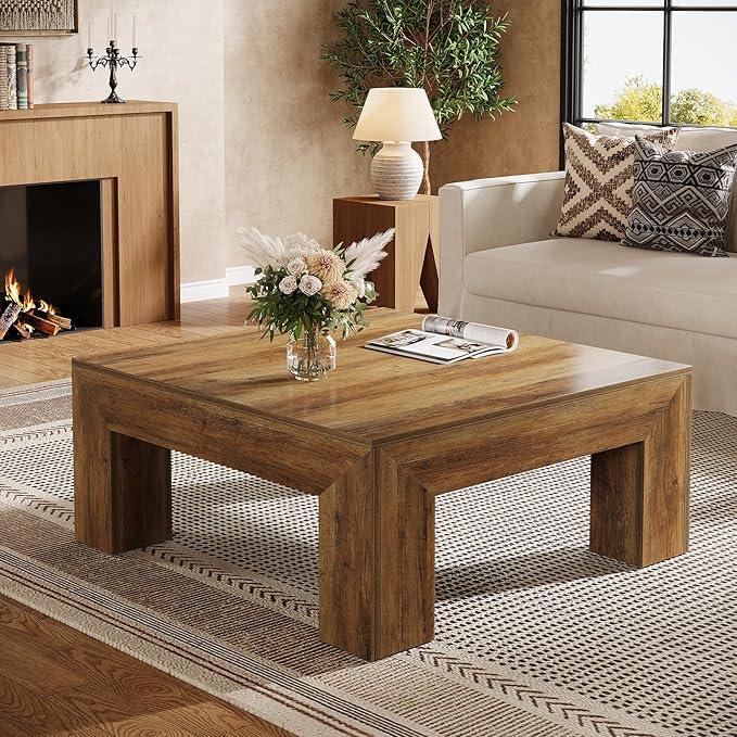 Tribesigns 39.4-Inch Square Coffee Table for Living Room, Farmhouse All MDF Accent Center Cocktail Table with Sturdy Wooden Legs, Easy Assembly, Rustic Brown