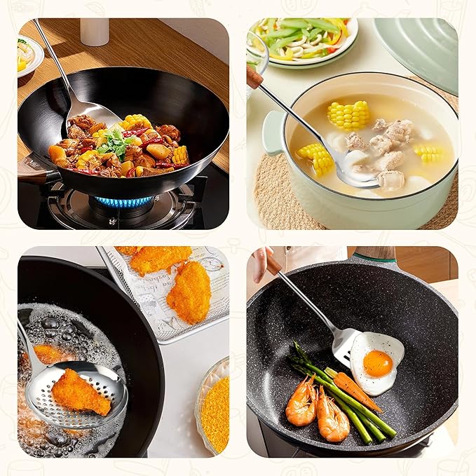 FJNATINH Stainless Steel Wok Tools Set,Wok Utensil - Wok Spatula,Turner,Ladle,Skimmer Tool Set,Mirror Polished Stainless Steel Cooking Utensils 14.6-15.2" Kitchen Utensils Cookware, Pack of 4