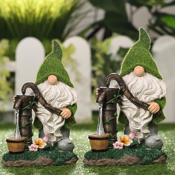 TERESA'S COLLECTIONS Resin Garden Gnomes Decor with Solar Lights, Fathers Gifts, Green Outdoor Decorations for Porch Patio, Gifts for Dad and Mom,Outdoor Garden Decor Ornaments for Outside, 10"