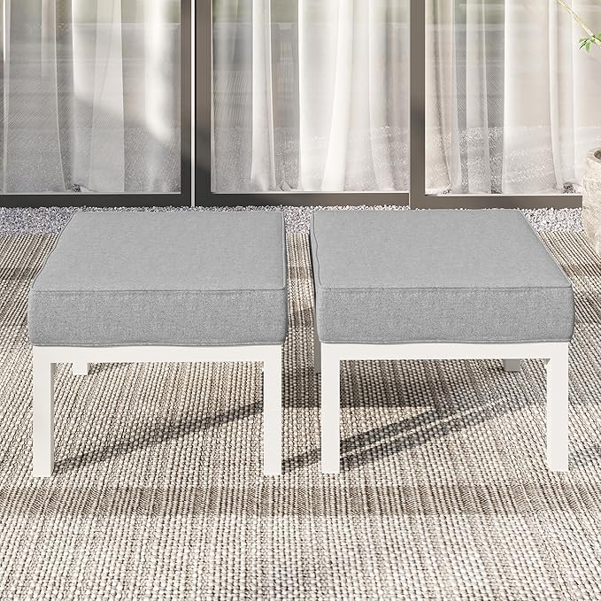 Solaste Outdoor Footstools Patio Ottoman Set of 2, Aluminum All-Weather Outdoor Footrest Seat with Removable Cushions, Patio Furniture Ottomans for Garden, Backyard, Poolside-White