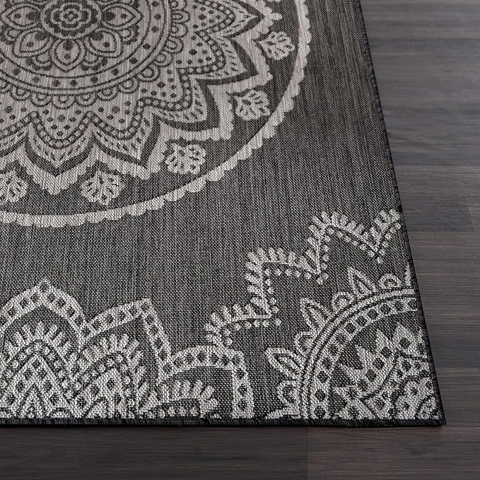 CAMILSON Outdoor Rug 5x7 Modern Area Rugs for Indoor and Outdoor Patios and Porches - Waterproof Washable Non-Shedding Easy-to-Clean Outside Carpet (5 x 7, Medallion - Dark Grey/Light Grey)