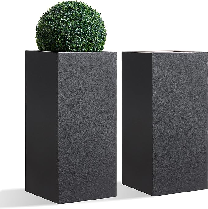 Metallic Heavy Tall Outdoor/Indoor Planter Box, Rectangular, 14Lx14Wx30H Inches, 25LBS/PC, Dark Gray, No Assembly Required and Seamless, Set of 2