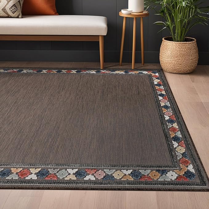 Beverly Rug Outdoor Rug 10x14 Modern Bordered Large Area Rugs for Indoor and Outdoor Patio Easy to Clean Non Shedding Living Room Porch Garden Washable Outside Carpet (10 x 14 Brown)