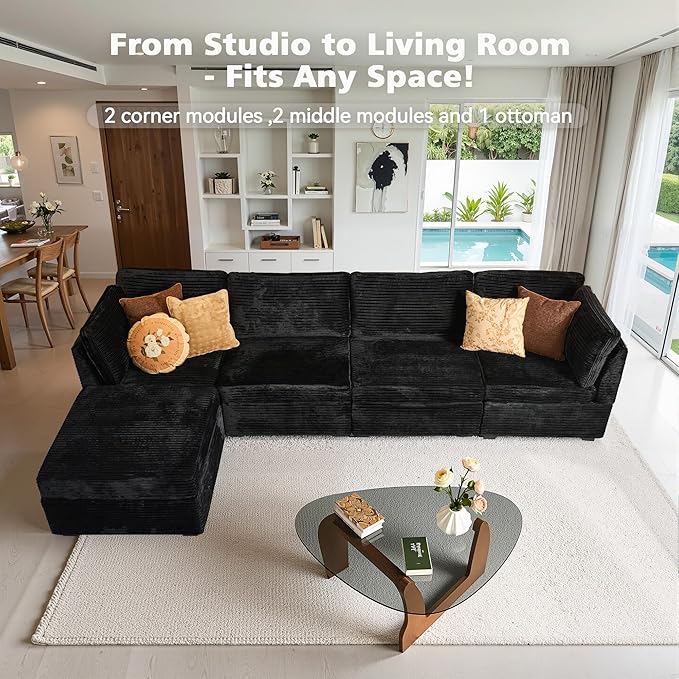 Modular Sectional Sofa, 130.7" L Shaped Couch Set for Living Room, 4-Seater Comfy Cloud Couches with Movable Ottoman, DIY Combination, Plush Corduroy, Black