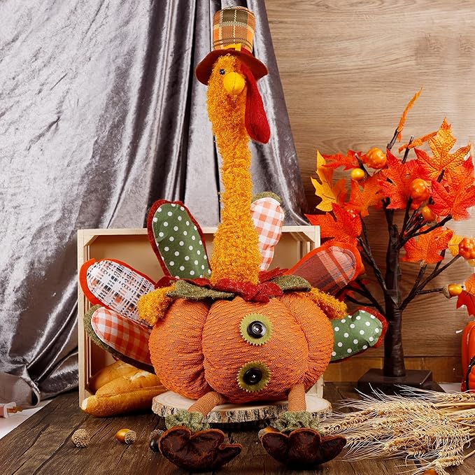winemana Thanksgiving Decoration 31.5" x 18.5" Plush Turkey with Stretchable Head, Handmade Stuffed Sitting Turkeys Fall Decorations for Indoor Home Tabletop Party Autumn Decor (Cock)