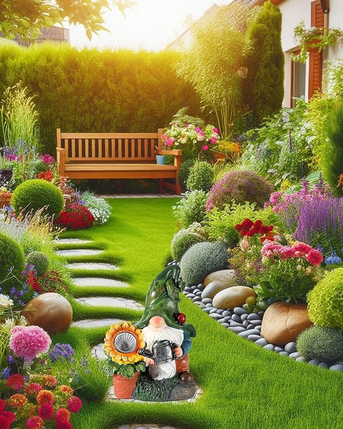 Solar-Powered Large Garden Gnome Watering Can Sunflower - 12 in Garden Decor Gnomes Decorations for Yard Lawn Ornaments Outside Statue Figurine LED Lights (Gnome)