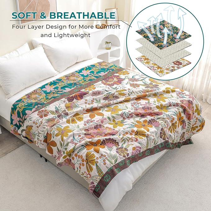 Premium Bed Throws- Boho Throw Blanket 80”x 90”,100% Cotton Ultra Soft Rustic Quilt Summer Blanket Travel Muslin Blanket Home Decor Large Bed Blankets All Season Throws for Women Mom